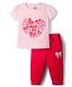 Doodle Poodle 100% Cotton Knit Half Sleeves Hearts & Bow Printed Top & Pant Set - Pink & Red
