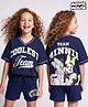 Pine Kids Disney Terry Knit Half Sleeves T-Shirt & Shorts Set with Front & Back Minnie Mouse Graphic - Navy Blue