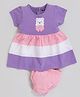 MOONKIDS 100% Pure Cotton Knit Half Sleeves Teddy Bear Patch Detailed & Colour Blocked Dress With Bloomers - Purple
