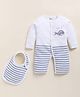 MOONKIDS Cotton Knit Full Sleeves Fish Patch Detailed & Striped Romper With Bib - White