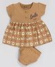 MOONKIDS 100% Pure Cotton Knit Half Sleeves Camera Printed Dress With Bloomers - Brown
