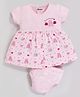 MOONKIDS 100% Pure Cotton Knit Half Sleeves Teddy Bear & Bows Printed Dress With Bloomers - Baby Pink