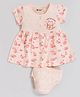MOONKIDS 100% Pure Cotton Knit Half Sleeves Cats & Stars Printed Dress With Bloomers - Peach