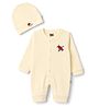 Mini Taurus 100% Cotton Knit Full Sleeves Aeroplane Embroidered Romper With Cap - Cream