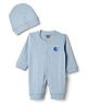 Mini Taurus 100% Cotton Knit Full Sleeves Sea Life Embroidered Romper With Cap - Light Blue