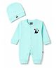 Mini Taurus 100% Cotton Knit Full Sleeves Sea Life Embroidered Romper With Cap - Aqua Blue