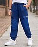 Pine Kids Knit Full Length Lounge Pant With Cargo Pockets & Text Print - Navy Blue