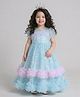 Many frocks & Net Woven Half Puffed Sleeves Stars Printed & Frill Detailed Gown - Light Blue
