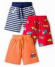 Doodle Poodle 100% Cotton Knit Knee Length Striped & Vehicles Printed Shorts Pack Of 3 - Red Orange & Navy Blue