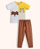 Orange Sugar 100% Cotton Knit Half Sleeves Hippo Printed Colour Blocked Tee & Joggers Night Suit - White & Brown