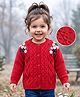 Babyhug Knitted Full Sleeves Front Open Sweater  with Cable Knit Design & Floral Embroidery - Red