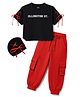 OLLINGTON ST. Cotton Sinker Knit Half Sleeves Text Printed Top & Lounge Pant Set - Black & Red