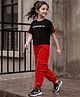 OLLINGTON ST. Cotton Sinker Knit Half Sleeves Text Printed Top & Lounge Pant Set - Black & Red