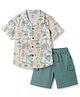 Simply Premium Cotton Woven Half Sleeves Shirt & Shorts Set With Animal Print - Grey & Teal Blue