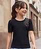 Pine Kids Cotton Lycra Knit Half Sleeves Top With Pearl Embellishment - Black