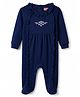 Babyhug Cotton Knit Full Sleeves Footed Sleep Suit Floral Embroidery With Frill Detailing - Navy Blue