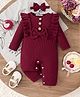 Mark & Mia Cotton Frill Detailing Solid Winter Wear Onesies & Romper With Bow Applique - Maroon