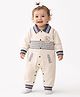 Little Surprise Box Cotton Knit Full Sleeves Checked Teddy Patch Detailed Romper - Grey