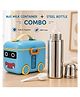 Sprout Kidz Stainless Steel Baby Feeding Bottle BPA-Free Silicone Nipple - Silver & Bus Milk Powder Container - Blue Combo