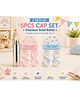 Sprout Kidz Pack of 2 Baby Cap, Mittens & Gloves Set Soft Cotton Newborn Essentials - Blue, Pink & Steel Bottle Set