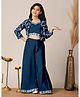 Fashion Dream Silk Knit Three Fourth Sleeves Floral Embroidered Crop Top & Palazzo With Jacket Set - Blue