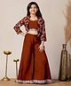 Fashion Dream Silk Knit Three Fourth Sleeves Floral Embroidered Crop Top & Palazzo With Jacket Set - Rust