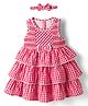 Babyhug Cotton Woven Sleeveless Checked Layered Frock With Bow Applique & Headband - Red