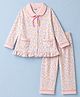 CUCUMBER Sinker Knit Full Sleeves Shirt & Pyjama Night Suit Animal Print With Bow Applique - Baby Pink