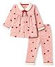 CUCUMBER Sinker Knit Full Sleeves Shirt & Pyjama Night Suit Heart Print With Bow Applique - Peach