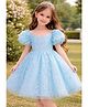 tior Mesh Woven Half Puffed Sleeves Leaves Embroidered Dress - Blue