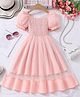 tior Woven Half Puffed Sleeves Smocked Dress - Peach