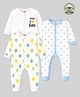 KUCHIPOO Cotton Knit Pack Of 3 Full Sleeves Balloons & Stars Printed Rompers - Light Blue & White