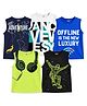 KUCHIPOO Cotton Blend Knit Pack Of 5 Sleeveless Typography & Headphones   Printed Tees - White Neon Green Blue & Navy Blue