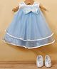 Bluebell Net Woven Sleeveless Party Frock With Bow Applique & Booties - Light Blue