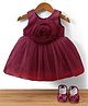 Bluebell Net Woven Sleeveless Party Frock With Floral Applique & Booties - Wine