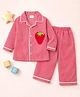 TIPPY TOP Cotton Woven Full Sleeves Strawberry Applique Detailed & Striped Coordinating Shirt & Pajama Night Suit - Red