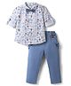 ToffyHouse Poplin Knit Full Sleeves Sea Life & Nautical Theme Printed Shirt & Pant Set With Suspender & Bow - Navy Blue