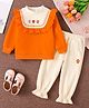 Mark & Mia Full Sleeve Winter Wear Tee & Pants Set with Floral Embroidery & Frill Detailing - Orange