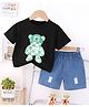 Googo Gaaga Cotton Knit Half Sleeves Checked Teddy Printed Tee & Shorts Set - Black