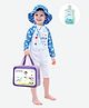 Little Surprise Box Full Raglan Sleeves Dinosaur Printed Legged Swimsuit With Bag Detergent & Cap - Blue