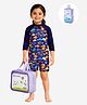 Little Surprise Box Spandex Three Fourth Sleeves Fishes Printed 2 Piece Swimsuit With Bag & Detergent - Navy Blue