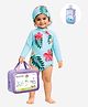 Little Surprise Box Spandex Full Sleeves Floral Printed Swimsuit With Cap Bag & Detergent - Blue
