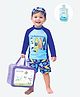 Little Surprise Box Spandex Full Sleeves Surfing Board Printed 2 Piece Swimsuit With Cap Bag & Detergent - Blue