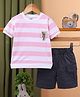 TOONYPORT Cotton Knit Half Sleeves Striped & Teddy Applique Detailed Tee & Shorts Set - Pink