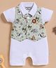 Wonderchild Half Sleeves Bow Applique Detailed Romper With Jungle Theme Printed Attached Waistcoat - White