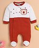 Wonderchild Full Sleeves Teddy Bear Face Patch Detailed Footed Sleepsuit - White & Brown