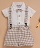 Wonderchild Half Sleeves Bow Applique Detailed Shirt & Shorts Set With Suspender - White