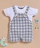 Wonderchild Checked & Bear Applique Detailed Dungaree With Half Puffed Sleeves Solid Tee - White & Navy Blue