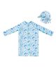 Big Softies Full Raglan Sleeves Whale & Octopus Printed Legged Swimsuit With Cap - Light Blue