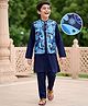 Pine Kids Woven Full Sleeves Floral Printed & Embroidered Kurta & Pyjama Set With Jacket - Navy Blue